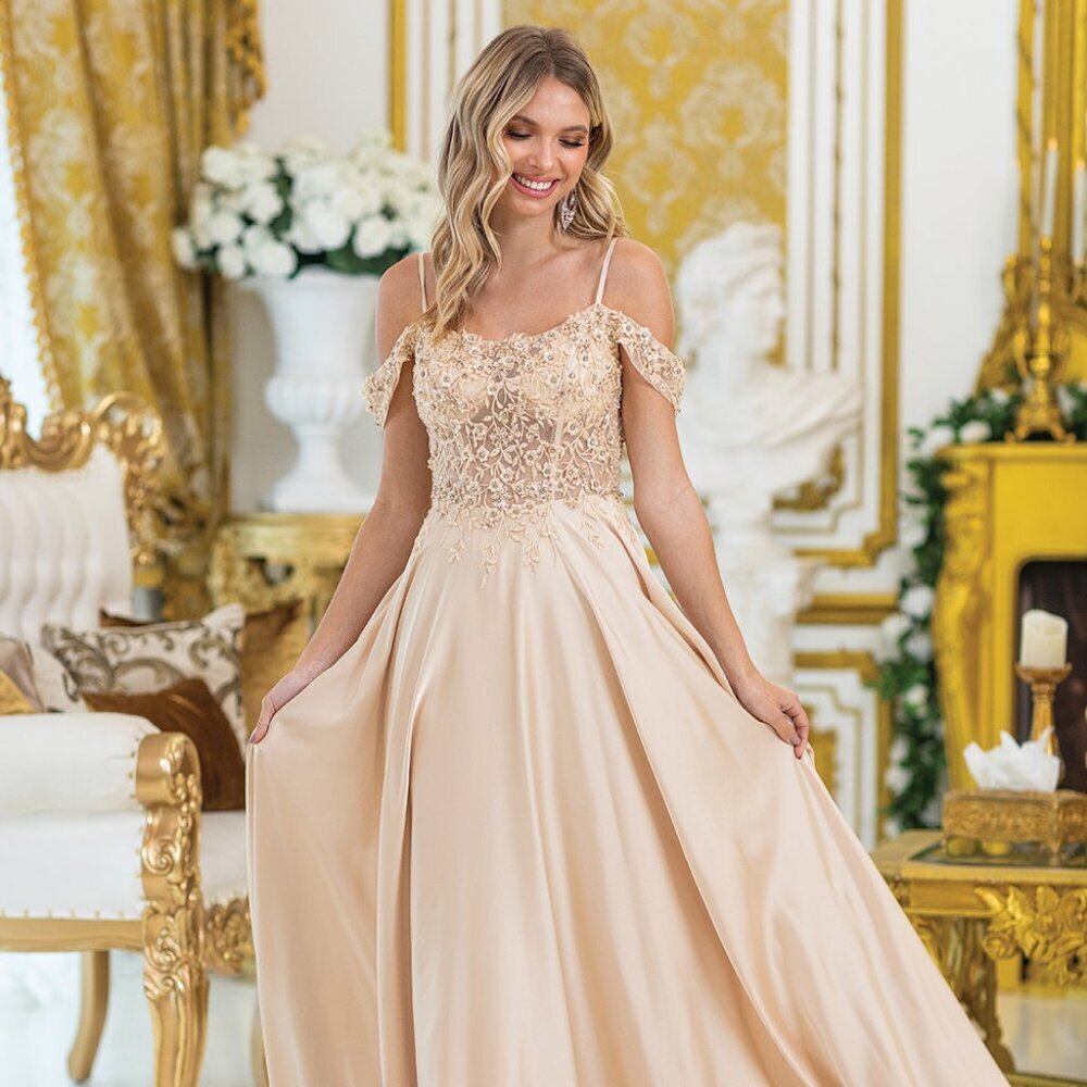 New Off Shoulder Long A-Line Floral Lace Embellished Gown w/ Rhinestones DQ4482
